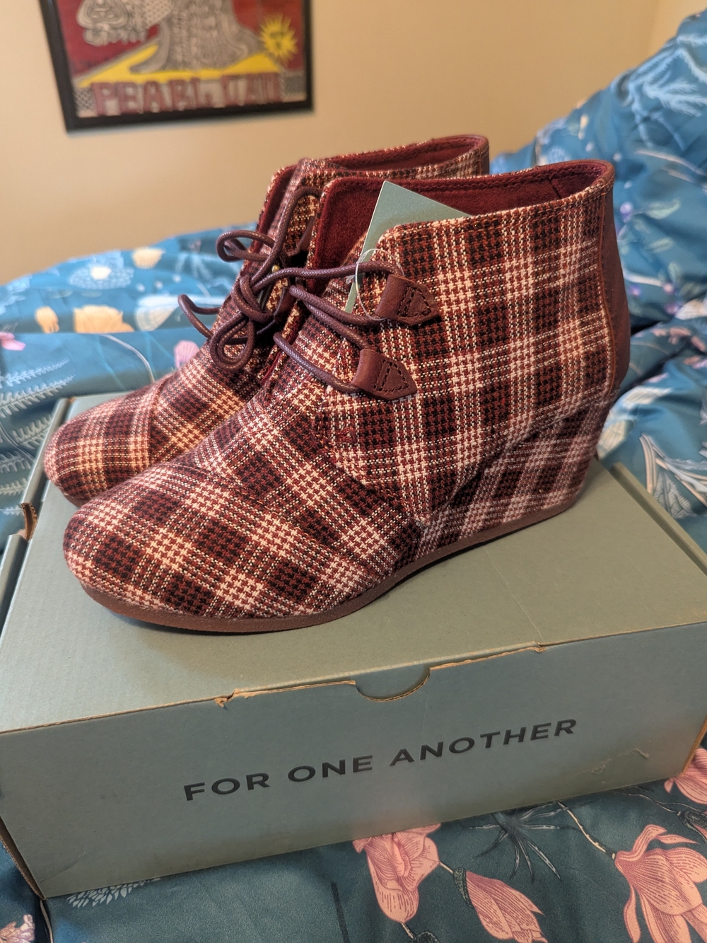 Toms Kala Burgundy Vintage Check - Plaid Wedge Ankle Boots